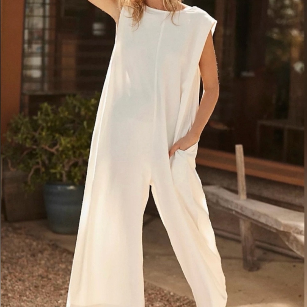Free People Quinn Cream Sleeveless Wide-Leg Jumpsuit